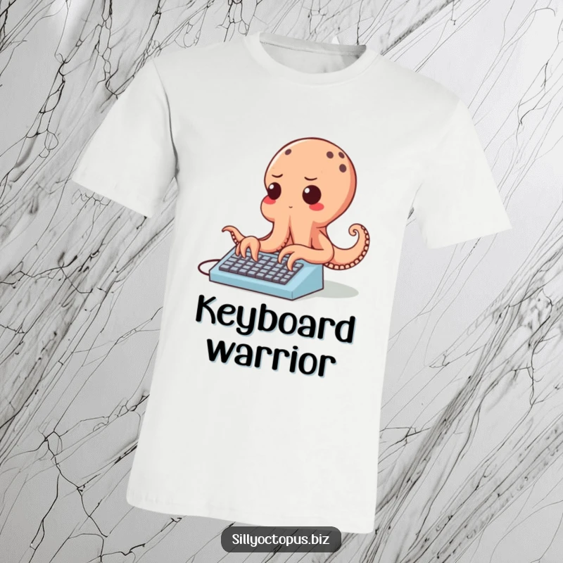 Funny cheerful octopus character typing rapidly on a tiny keyboard, looking determined, on a soft graphic tee.