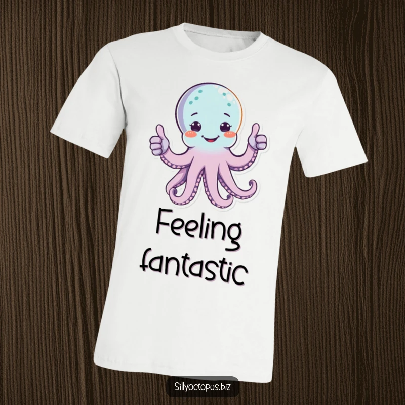 Funny happy octopus character giving two thumbs up with multiple arms, on a soft graphic tee.