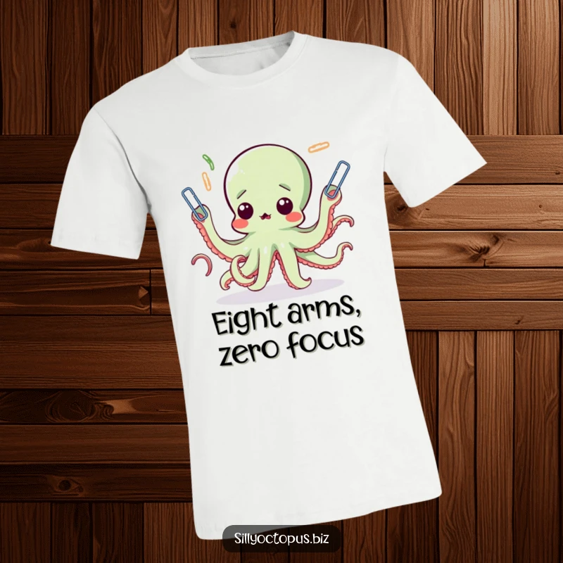 Funny octopus t-shirt depicting a shocked octopus struggling to juggle numerous paperclips with its eight tentacles, a comical office mishap.