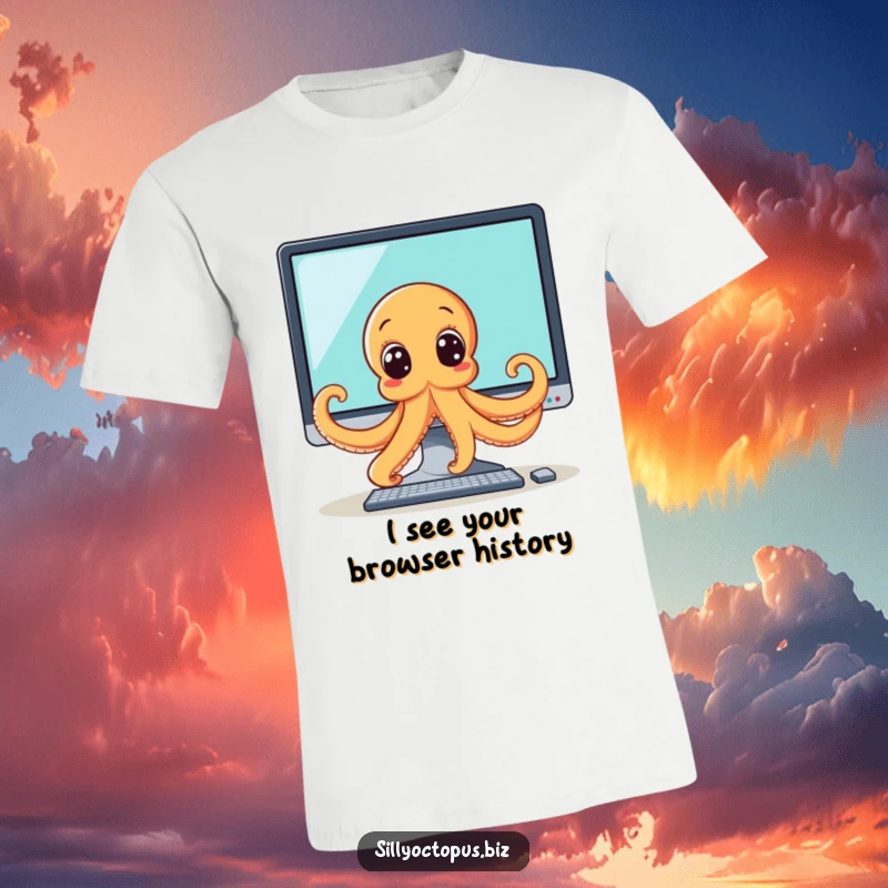Funny octopus t-shirt featuring a wide-eyed octopus giving a sneaky peek from behind a large computer monitor, perfect for tech lovers.