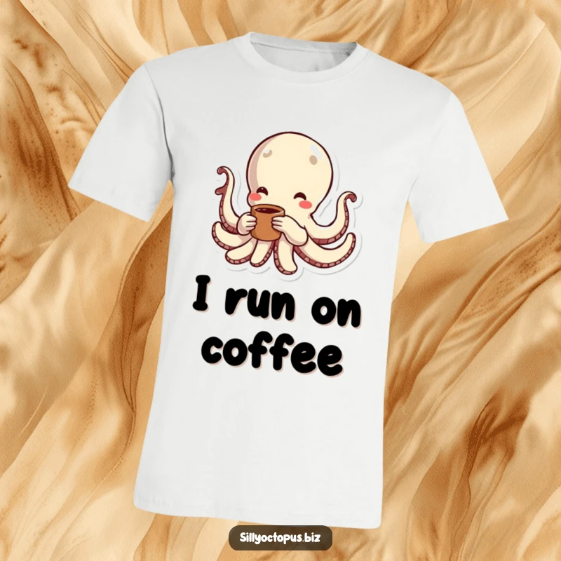 Funny octopus with vibrant energy lines around it, clutching a coffee cup, perfect for a high-octane t-shirt.