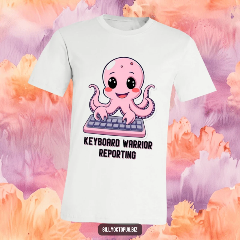 Funny octopus with a huge, happy smile typing rapidly on a keyboard, depicted on a vibrant t-shirt.