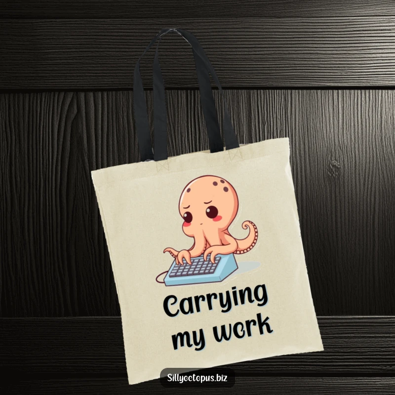 Funny cheerful octopus character typing rapidly on a tiny keyboard, on a durable tote bag.