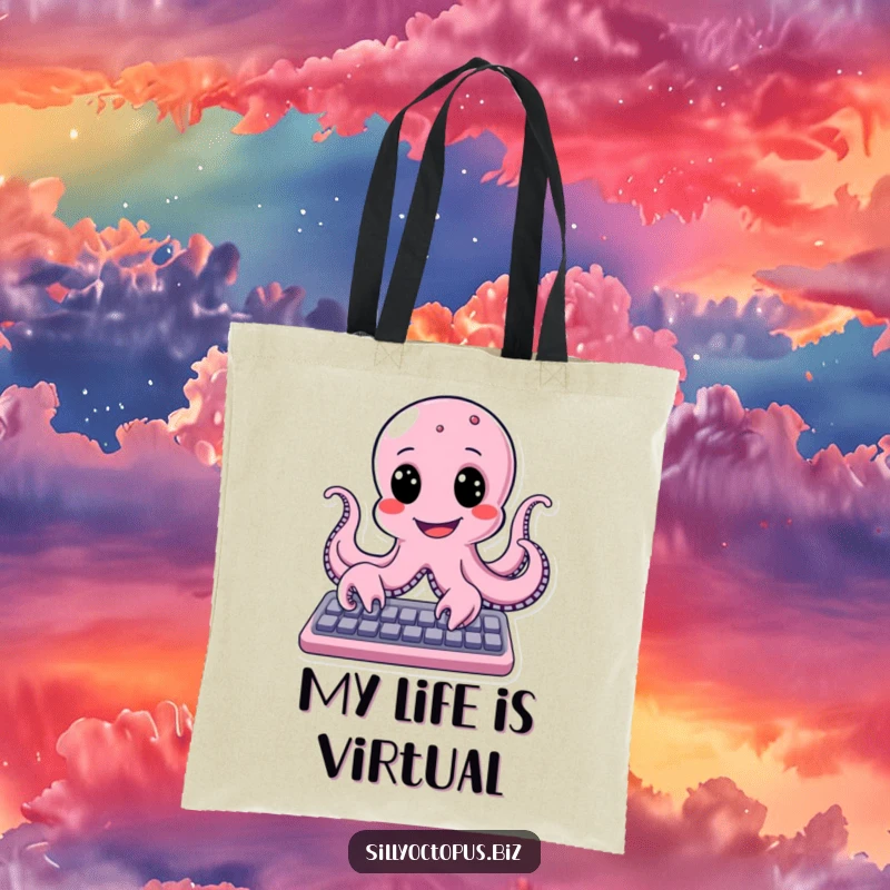 Funny octopus with a big, happy smile typing on a keyboard, ideal for a humorous and practical tote bag.
