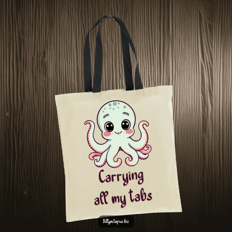 Funny octopus with big, inquisitive dot eyes glued to a computer, making this a humorous and practical tote bag.