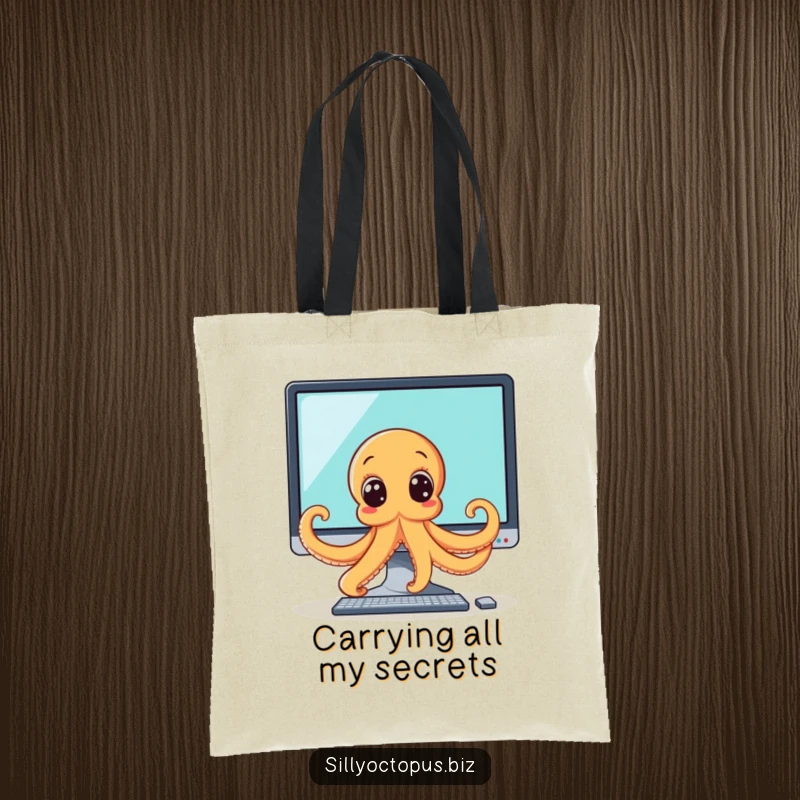 Funny octopus tote bag showing a wide-eyed octopus peeking from behind a computer monitor, a humorous accessory for tech enthusiasts.